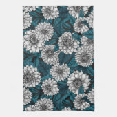Weißer Dahlia-Garten/blaue Blätter Geschirrtuch (Vertikal)