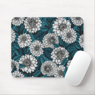 Weißer Dahlia-Garten/blaue Blätter Mousepad