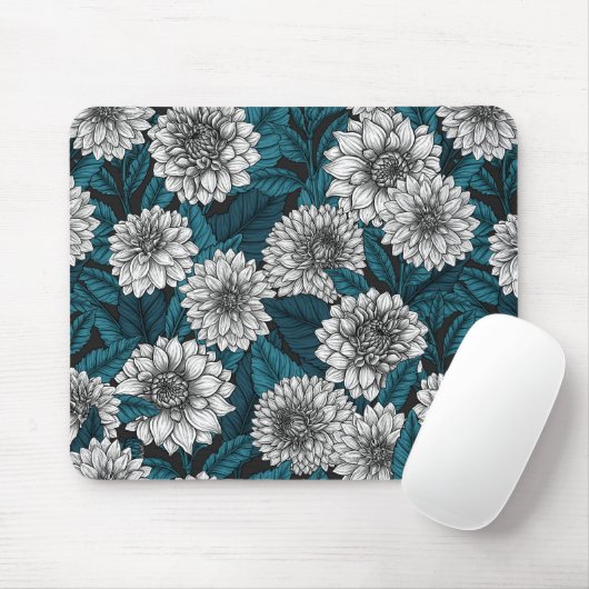 Weißer Dahlia-Garten/blaue Blätter Mousepad (Mit Mouse)