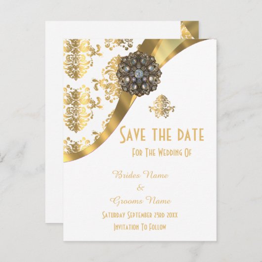 Weißer Damast Save the Date Ankündigungspostkarte (Vorne/Hinten)