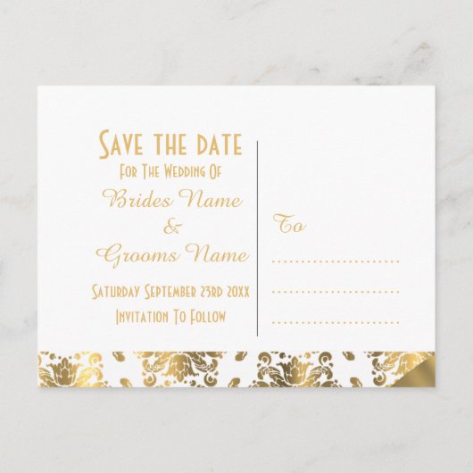 Weißer Damast Save the Date Ankündigungspostkarte (Rückseite)