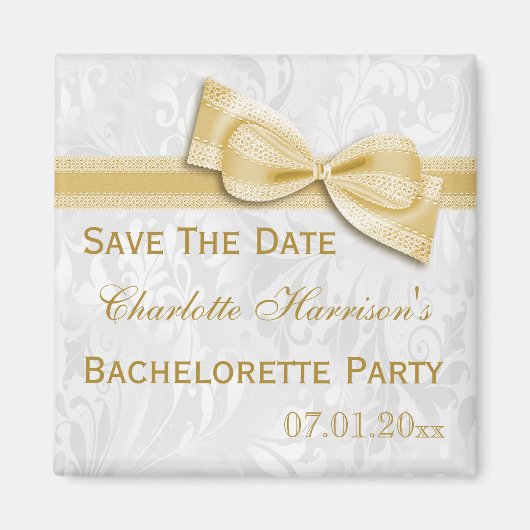 Weißer Damast-u. Imitat-Bogen Bachelorette Save Magnet (Vorne)