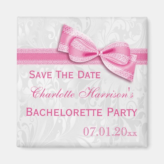 Weißer Damast u. rosa Bogen Bachelorette Save the Magnet (Vorne)