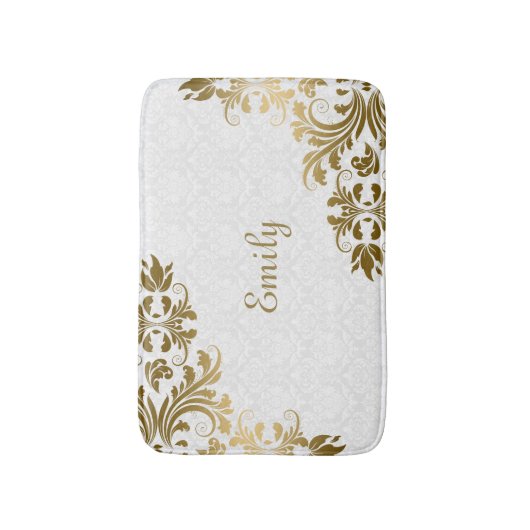Weißer Damast und Gold-Wirbel Badematte (Vorderseite Vertikal)