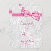 Weißer Damast und Imitat Rosa Bow Hochzeit Einladung (Vorne/Hinten)