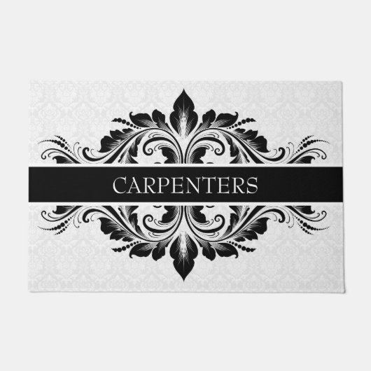 Weißer Damast und schwarze Blumenspitze Fußmatte (Vorderseite)