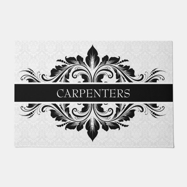 Weißer Damast und schwarze Blumenspitze Fußmatte (Vorderseite)