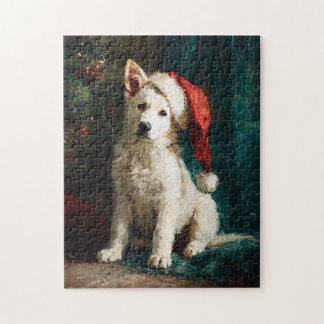 Weißer deutscher Schäferhund-Welpe Weihnachtsmaler Puzzle