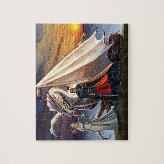 Weißer Drache, Ritter in der Rüstung und Elfenfrau Puzzle (Vertikal)