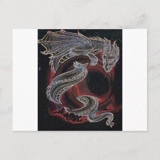 Weißer Drache, roter Mond auf schwarz Postkarte (Vorderseite)
