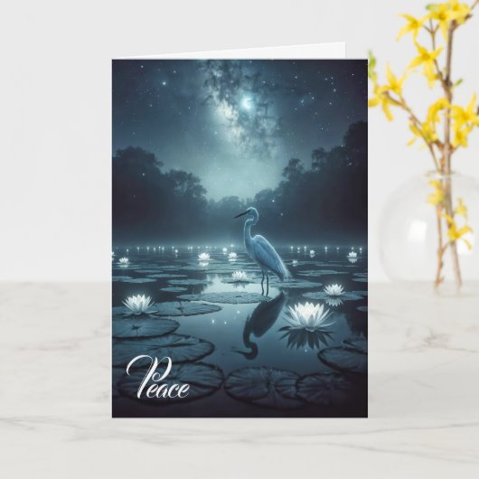 Weißer Egret mit Wasser-Lilien-Beileid Karte (Gelbe Blume)