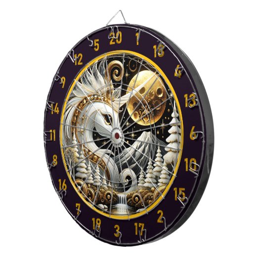Weißer Einhorn Shines unter Goldener Mond Dartscheibe (Vorderseite rechts)