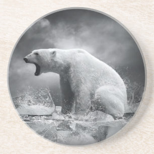 Weißer Eisbär-Jäger auf dem Eis im Wasser Sandstein Untersetzer