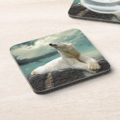 Weißer Eisbär-Jäger auf Felsen Getränkeuntersetzer (Linke Seite)