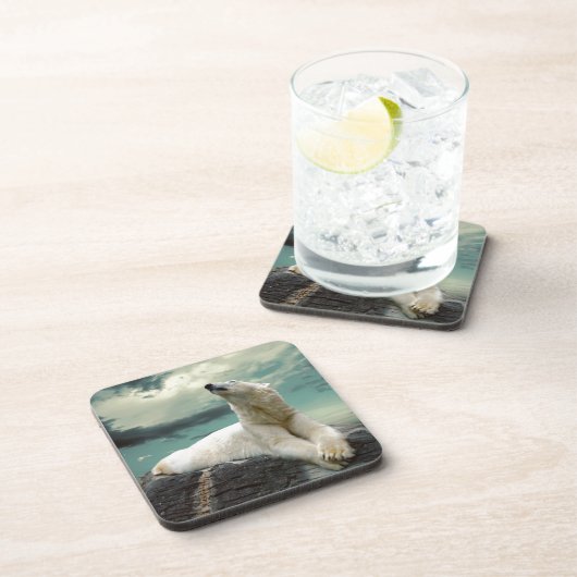 Weißer Eisbär-Jäger auf Felsen Getränkeuntersetzer (Rechte Seite)