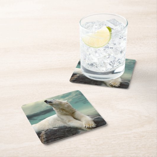 Weißer Eisbär-Jäger auf Felsen Rechteckiger Pappuntersetzer (Vor Ort)