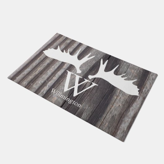 Weißer Elchenkleber aus gewittertem Holz - Persona Fußmatte (Schrägansicht)