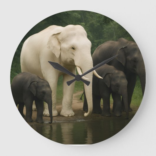 Weißer Elefant mit Familie Große Wanduhr (Vorderseite)