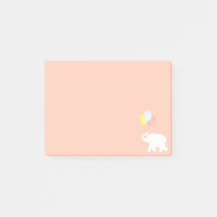 Weißer Elefant mit Luftballons auf korallenrosa Post-it Klebezettel