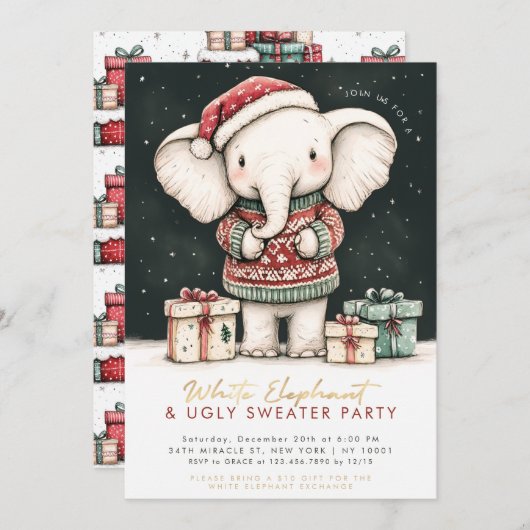 Weißer Elefant Ugly Sweater Party Einladung (Vorne/Hinten)
