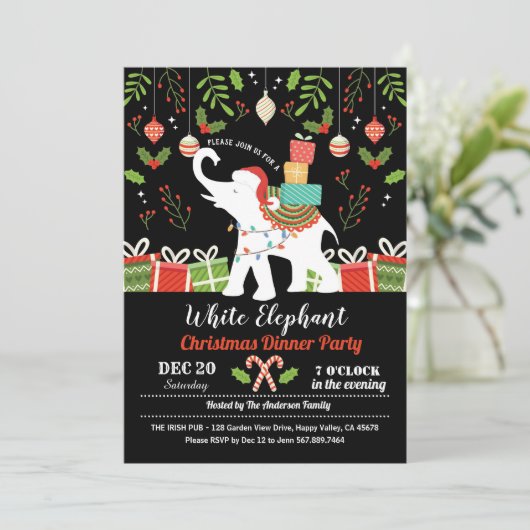 Weißer Elefant Weihnachtsgeschenk Party Austausch Einladung (Stehend Vorderseite)