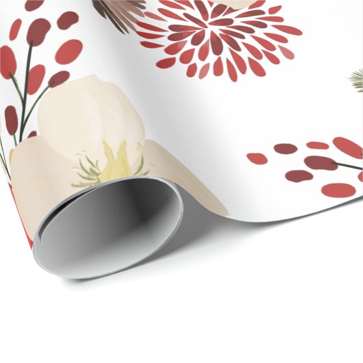 Weißer Elegante Holiday Floral Pinecone Geschenkpapier (Rolleneckpunkt)