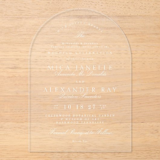 Weißer, eleganter Kalligraphiebogen Acryleinladungen (Vorderseite)