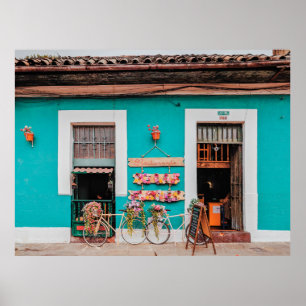 WEISSER FAHRRAD PARKIERT NEBEN AQUAMARIN GEMALTEM POSTER