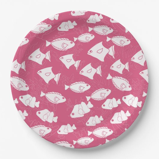 Weißer Fisch Schwimmen am rosa Meer Pappteller (Vorderseite)