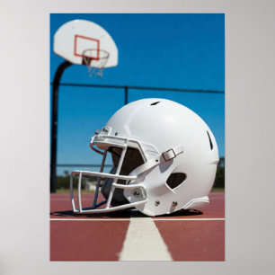 Weißer Footballhelm auf Spielfeldlinie Poster