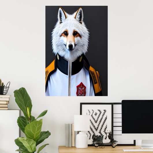 Weißer Fuchs im Feuerwehrmann | AI Art Poster (Heimbüro)