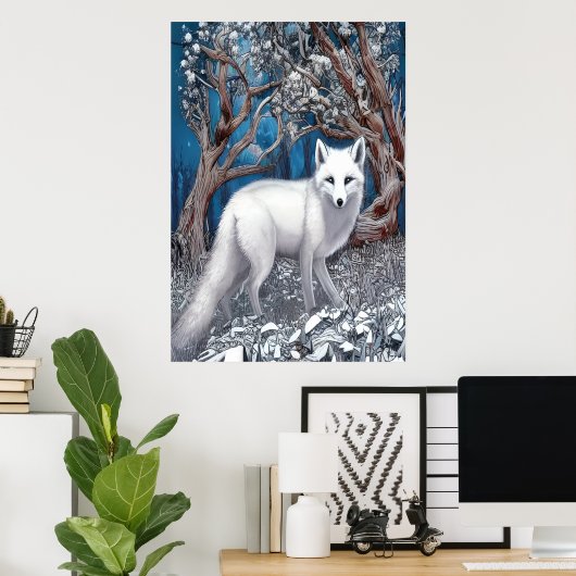 Weißer Fuchs im weißen Wald | AI Art Poster (Heimbüro)