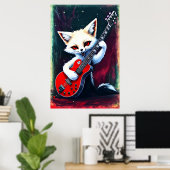 Weißer Fuchs spielt Gitarre | Art der AI Poster (Heimbüro)
