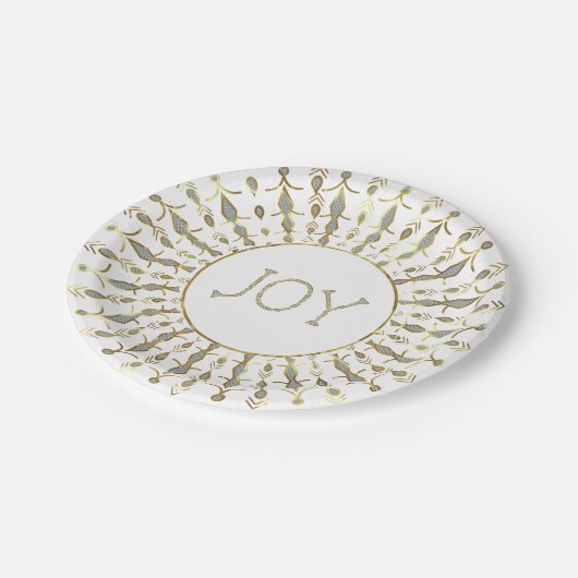 Weißer Glitzer Abstrakt Weihnachten Schneeflocken Pappteller (Schrägansicht)