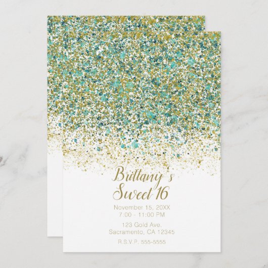 Weißer Glitzer und Aquamariner  Moderner Küstensüß Einladung (Vorne/Hinten)