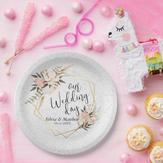 Weißer Glitzer und Pfirsichfarben Pappteller (Party)