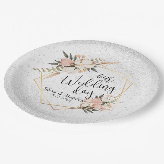 Weißer Glitzer und Pfirsichfarben Pappteller (Schrägansicht)