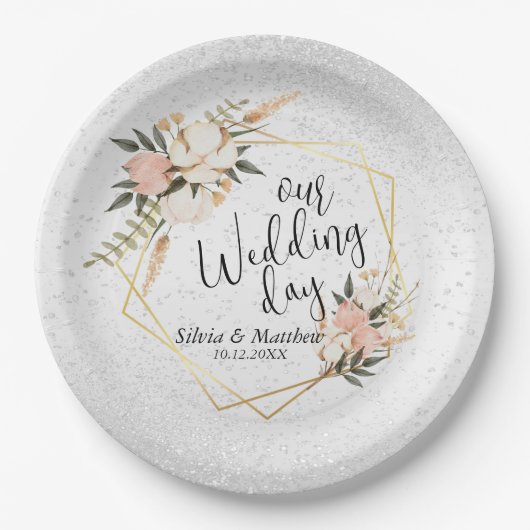 Weißer Glitzer und Pfirsichfarben Pappteller (Vorderseite)