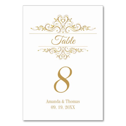 Weißer, goldfarbener Hochzeitstisch Tischnummer (Vorderseite)