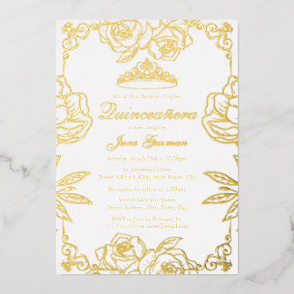 Weißer Goldrosengarten Quinceanera Folieneinladung