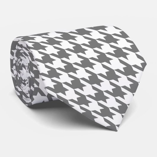 Weißer Gray Pied de Poule Houndstooth Krawatte (Gerollt)