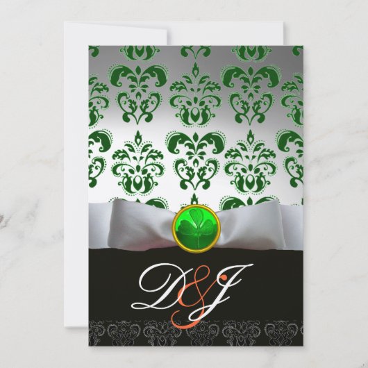 WEISSER GREEN DAMASK & KLEEBLATT MONOGRAM GOLD Ora Einladung (Vorderseite)
