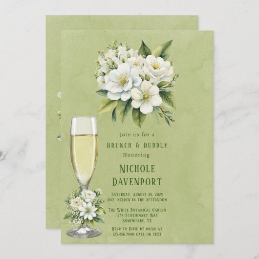 Weißer, grün gestrichener Brunch & Bubbly Einladung (Vorne/Hinten)