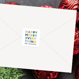 Weißer Happy Merry Everything Weihnachtsaufkleber Quadratischer Aufkleber