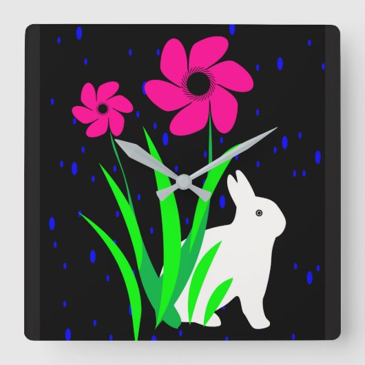 Weißer Hase mit Blume Wall Clock von Julie Quadratische Wanduhr (Vorderseite)