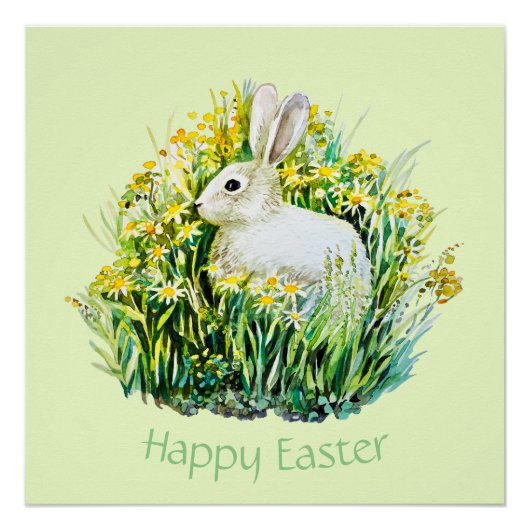 Weißer Hase und Blume, Ostern Poster (Vorderseite)