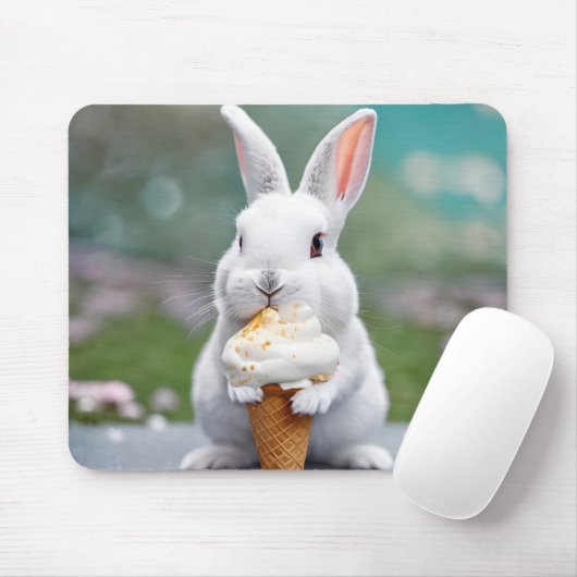Weißer Hasen, der ein Eiskrem isst Mousepad (Mit Mouse)