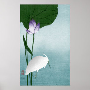 Weißer Heron und Lotus (Hasu ni shirasagi) Poster