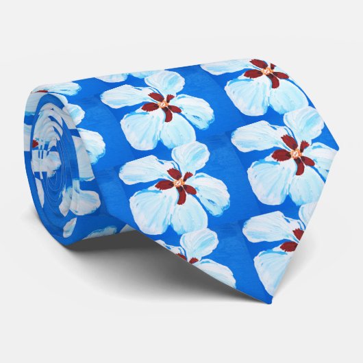 Weißer Hibiskus zur Blauen Malerei Krawatte (Gerollt)