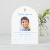 Weißer Himmelblau Foto Boy First Heilige Kommune Einladung (Stehend Vorderseite)